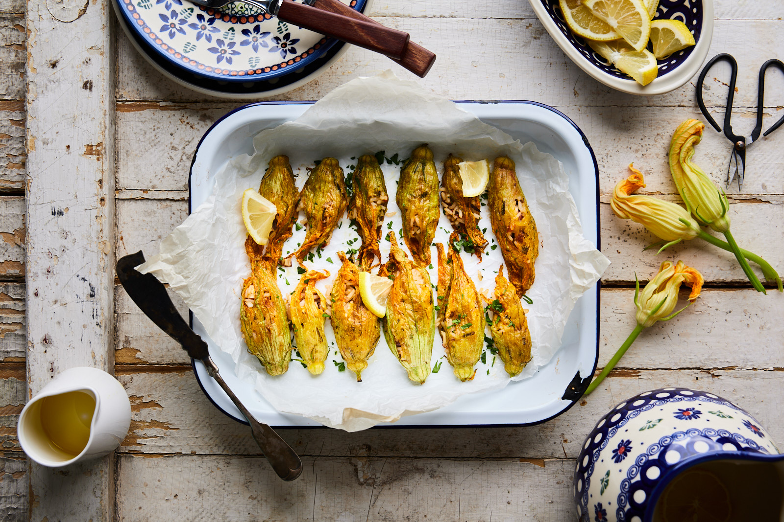 Stuffed Zucchini Blossoms (Kolokythanthoi Yemistoi)