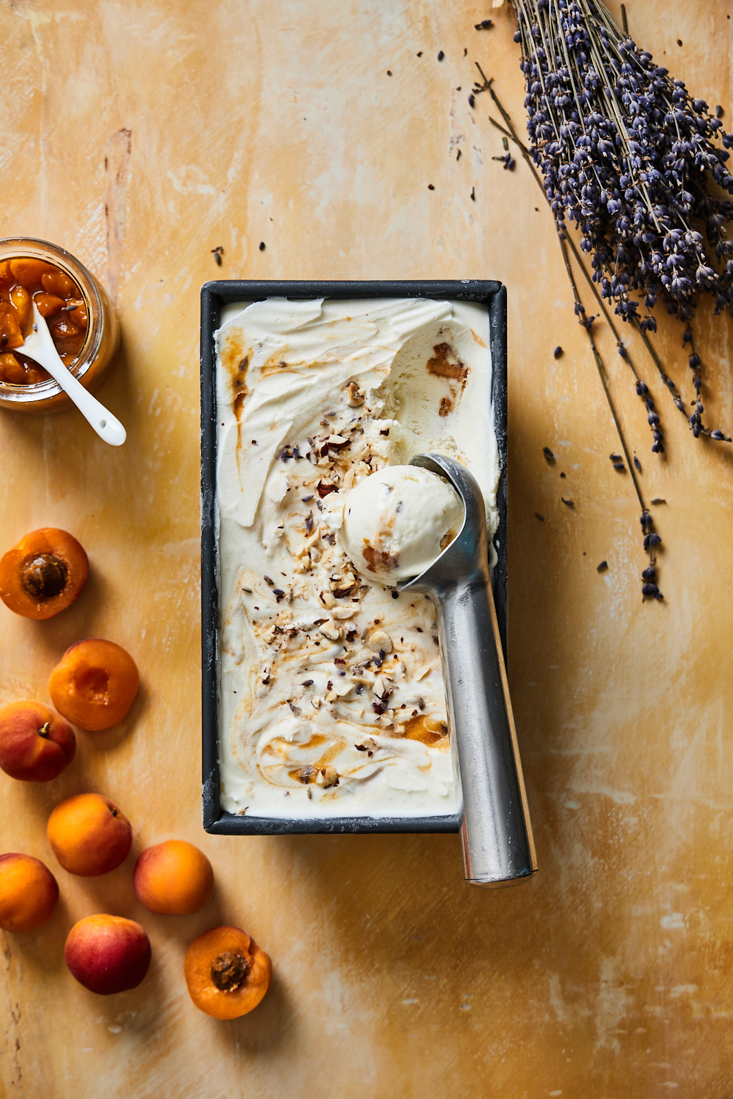 No Churn Caramelized Apricot and Lavender Ice Cream