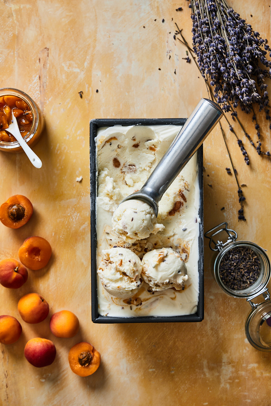 No Churn Caramelized Apricot and Lavender Ice Cream