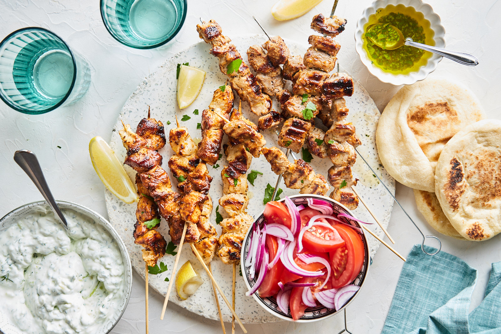 Greek style souvlaki with homemade tzatziki