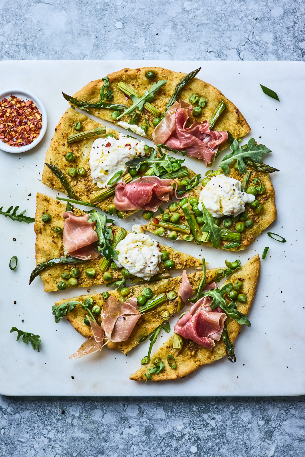 Flatbread Pizza With Pesto Asparagus Prosciutto and Burrata