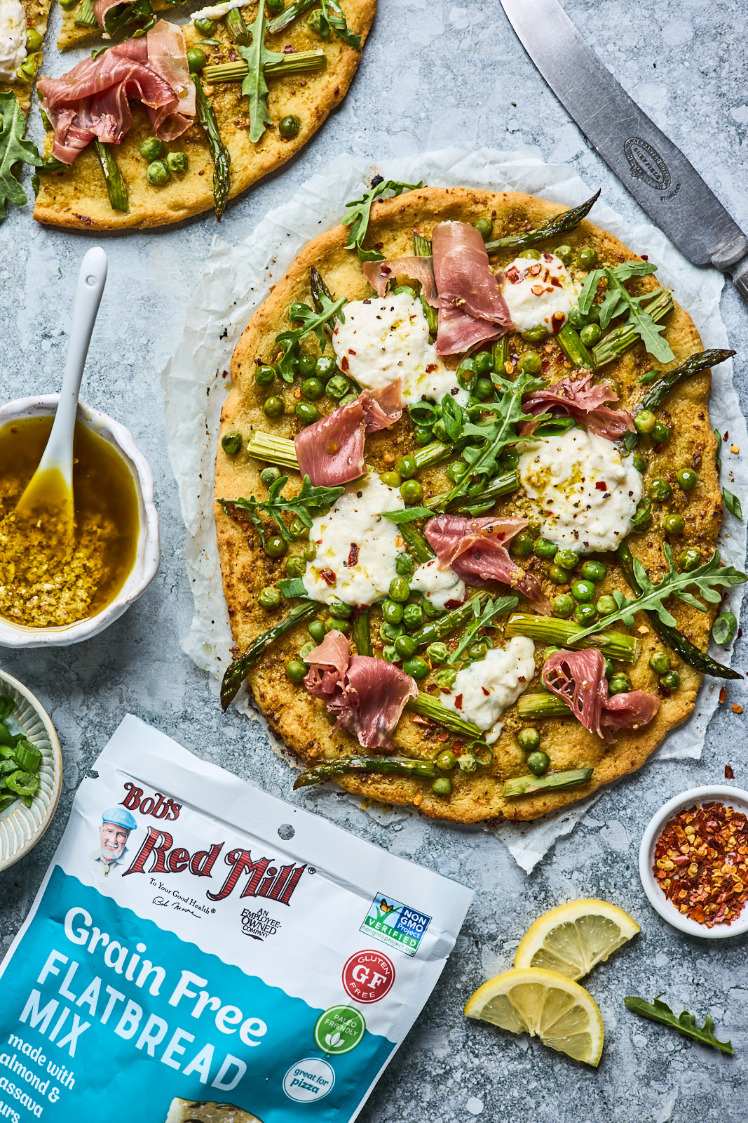 Flatbread Pizza With Pesto Asparagus Prosciutto and Burrata