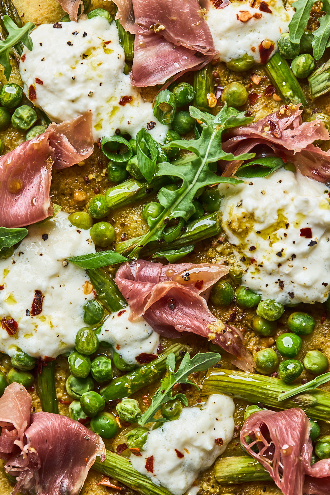 Flatbread Pizza With Pesto Asparagus Prosciutto and Burrata