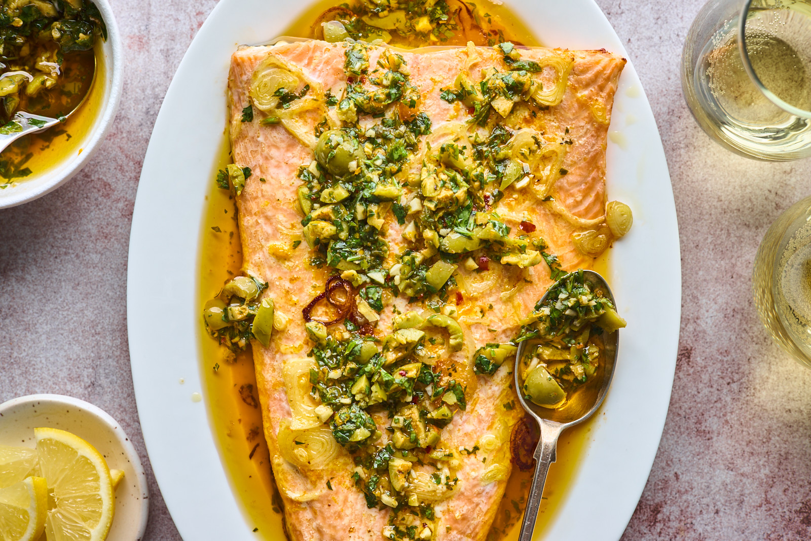 Roasted Citrus Salmon With Green Olive Salsa Verde