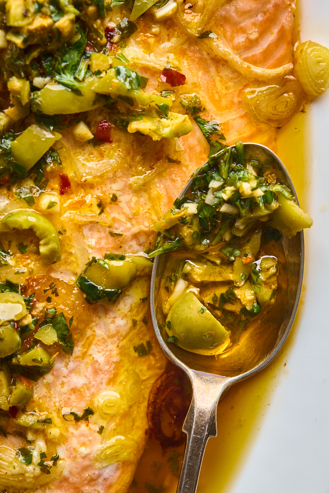 Roasted Citrus Salmon With Green Olive Salsa Verde