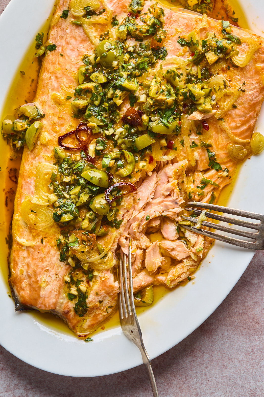 Roasted Citrus Salmon With Green Olive Salsa Verde