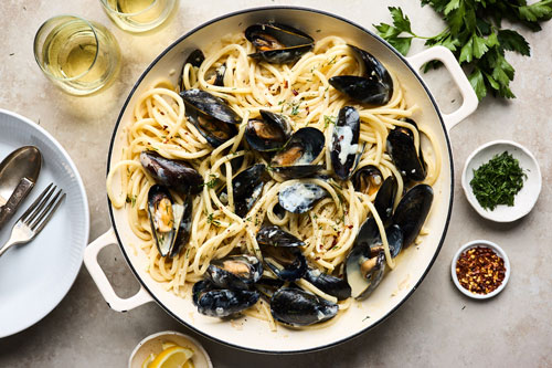 Creamy Avgolemono Mussels With Pasta