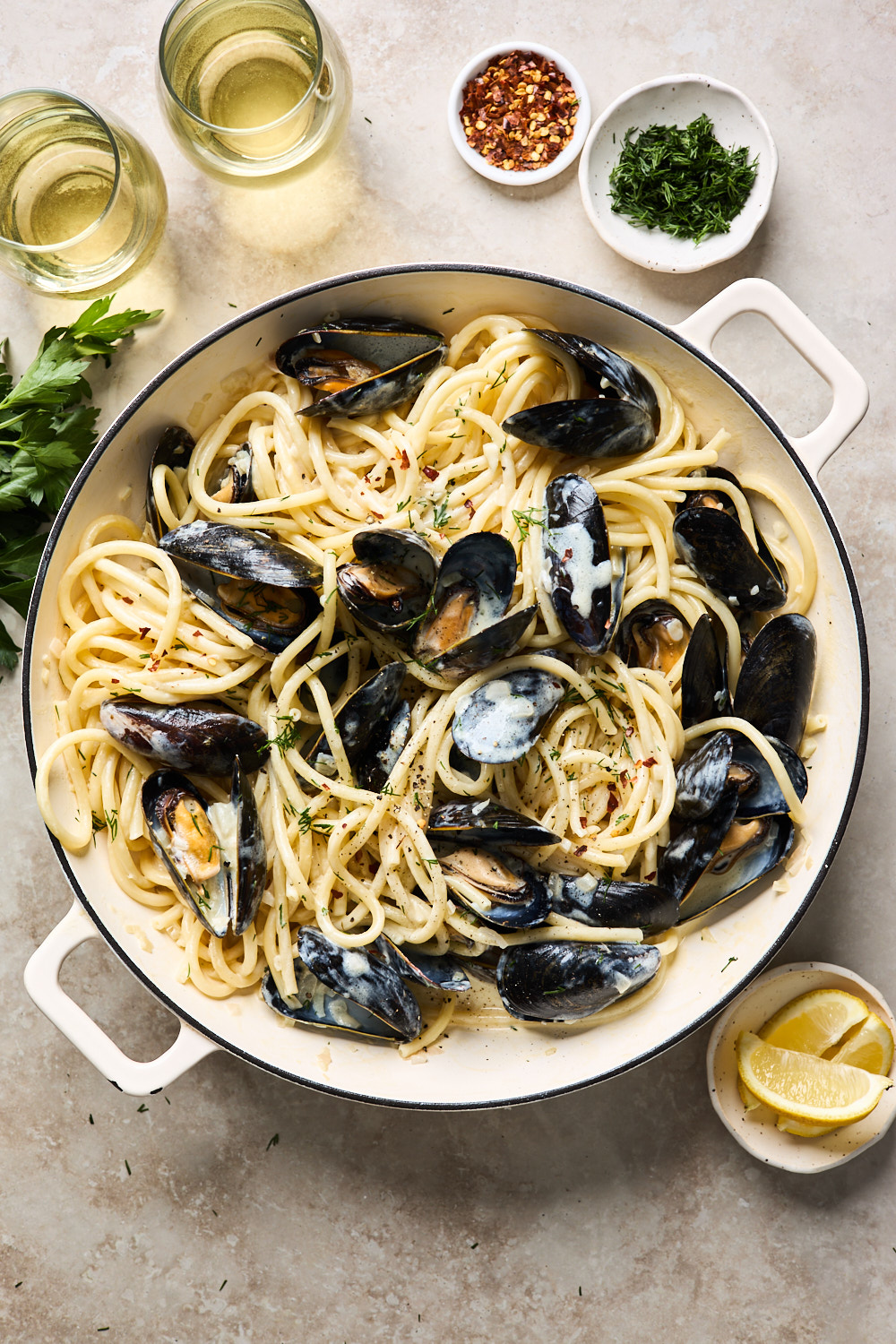 Creamy Avgolemono Mussels With Pasta