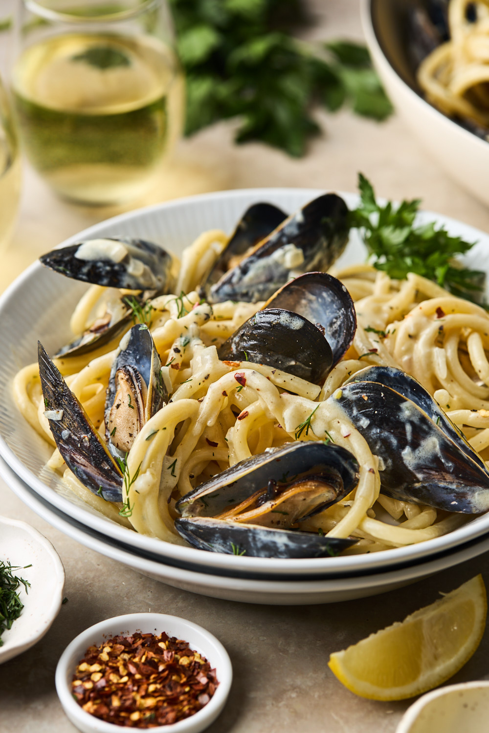 Creamy Avgolemono Mussels With Pasta