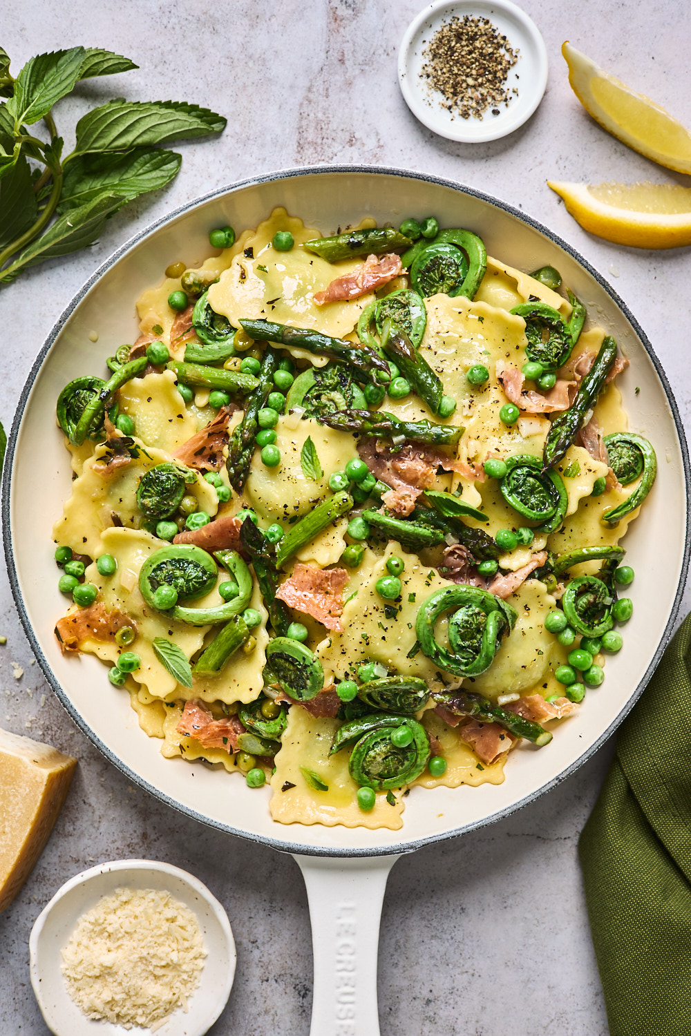 Lemon Butter Ravioli With Roasted Asparagus and Peas