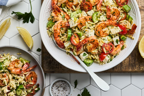 Greek Style Grilled Shrimp Orzo Pasta Salad