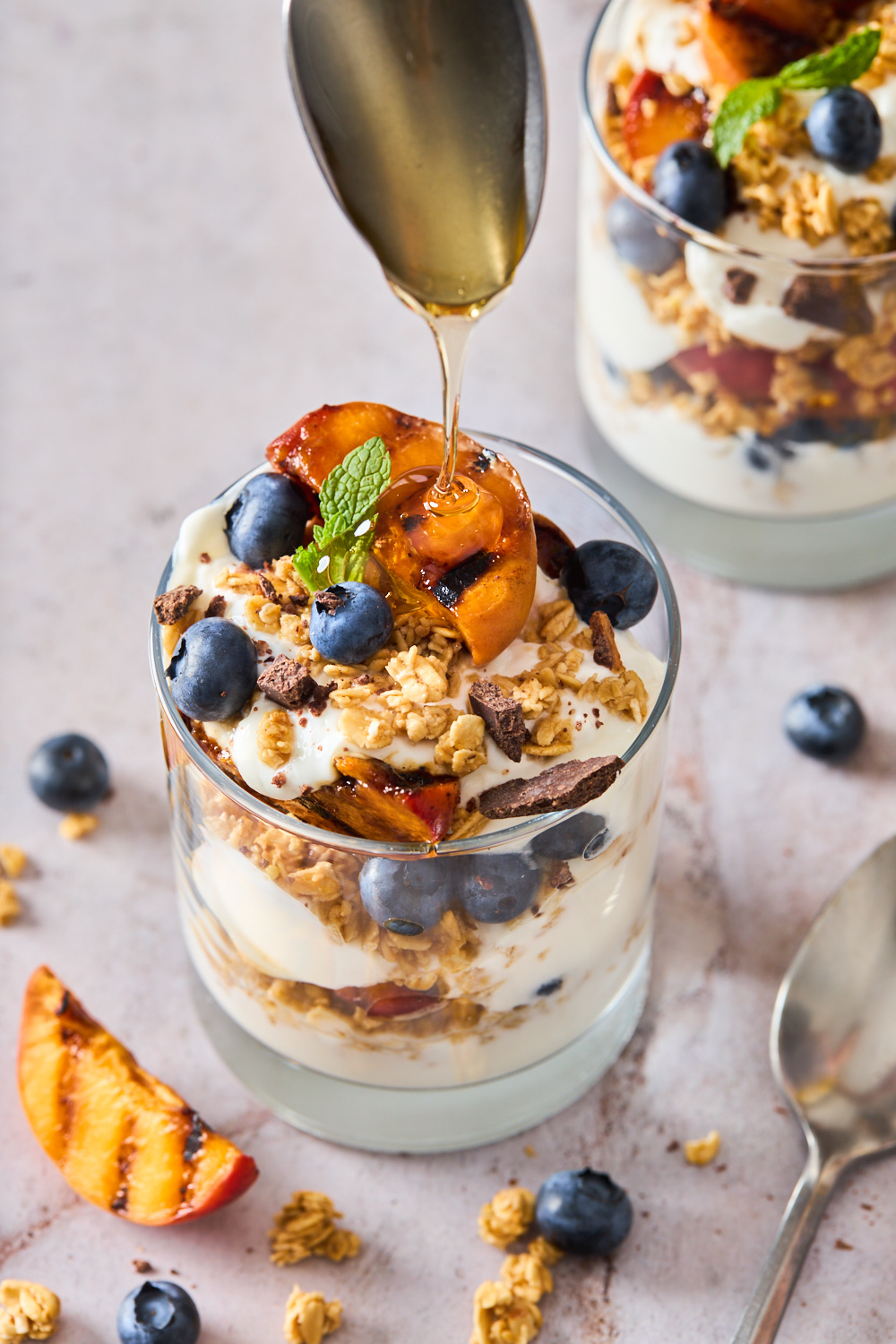 Grilled Peach and Blueberry Yoghurt Parfaits