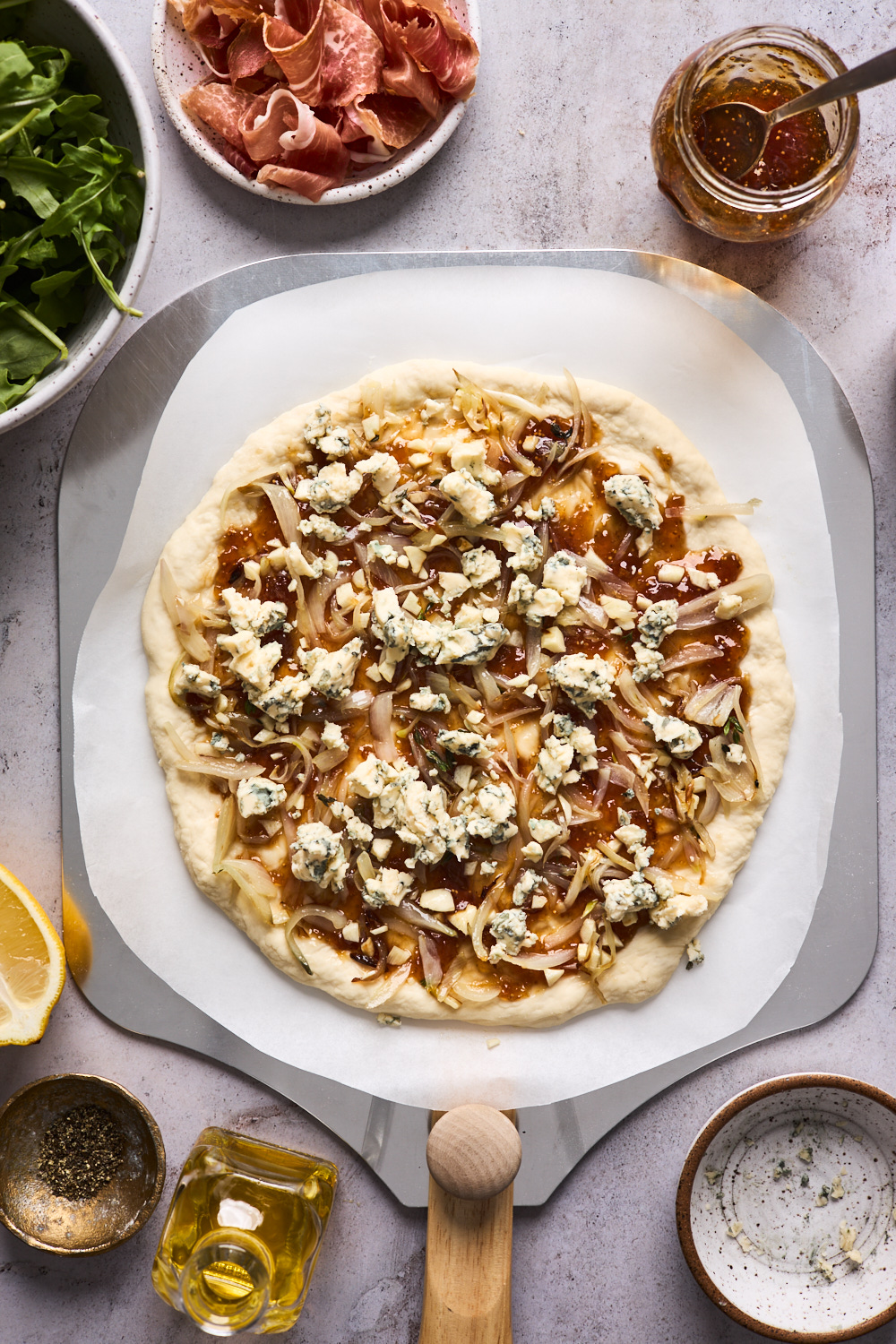 Skillet Pepperoni Pizza with Hot Honey and Blue Cheese