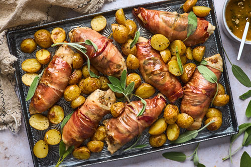 Sheetpan Prosciutto Wrapped Stuffed Turkey Breast Fillets with Potatoes