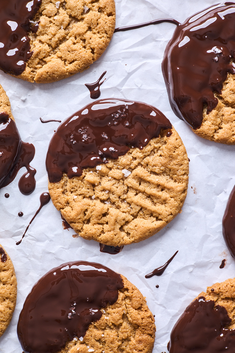 Flourless Chocolate Dipped Salted Peanut Butter Cookies