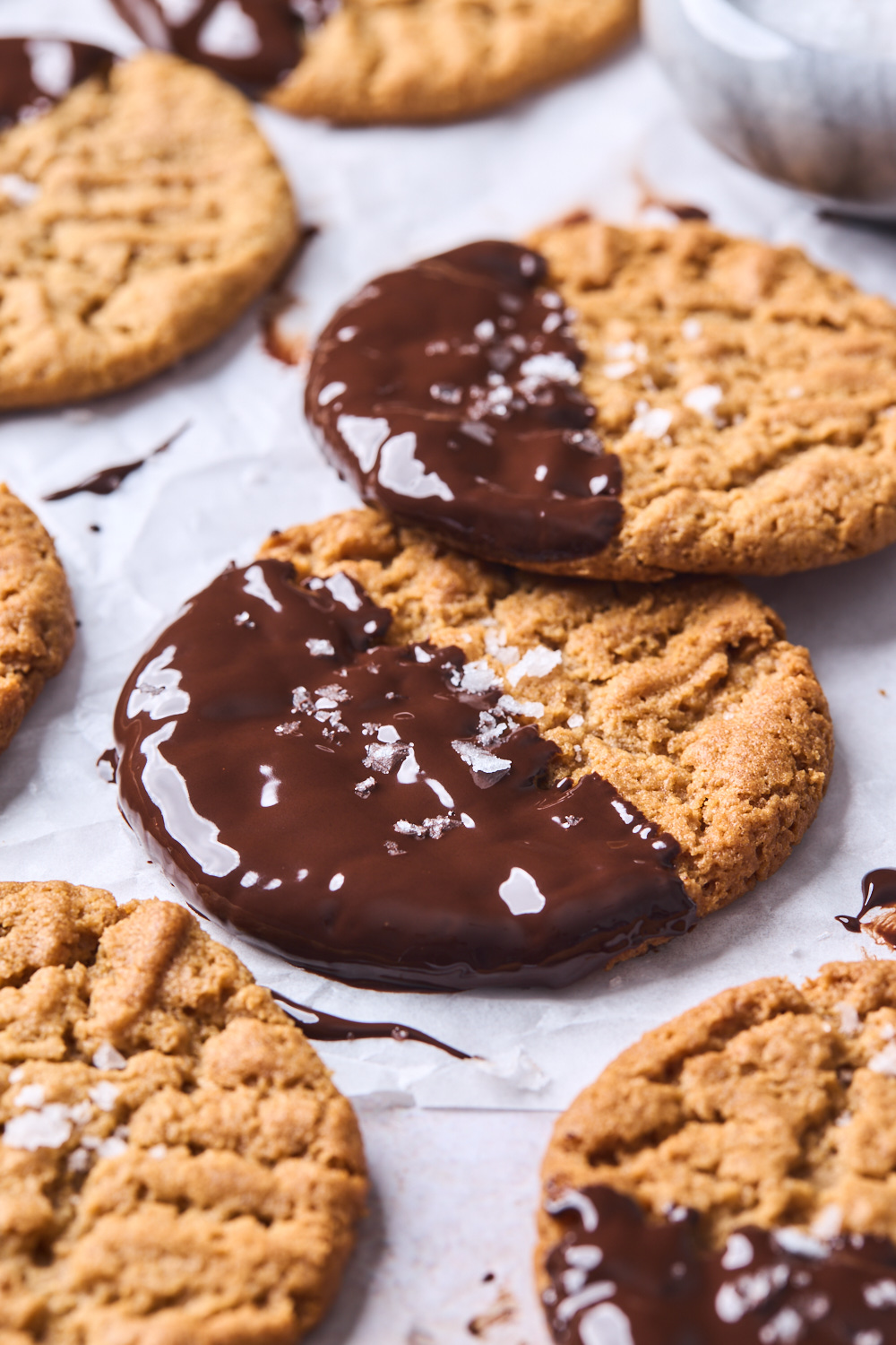 Flourless Chocolate Dipped Salted Peanut Butter Cookies