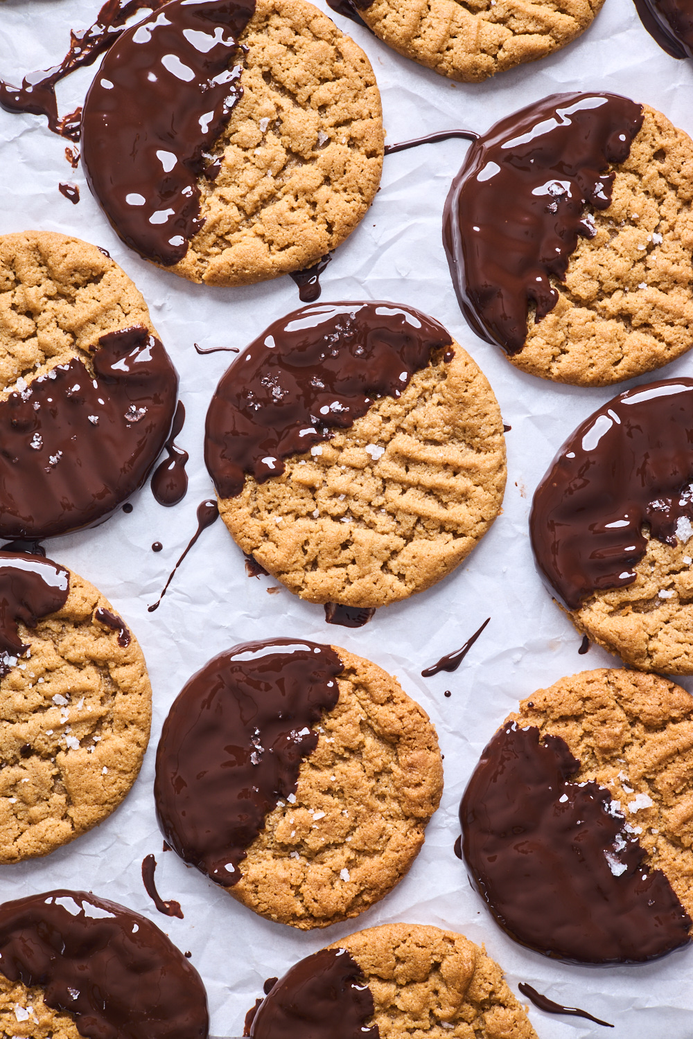 Flourless Chocolate Dipped Salted Peanut Butter Cookies