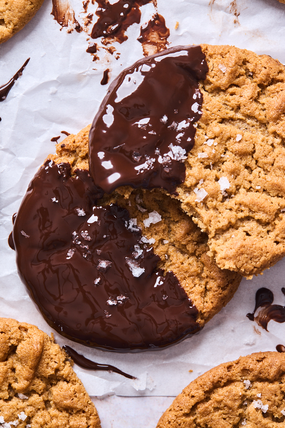 Flourless Chocolate Dipped Salted Peanut Butter Cookies