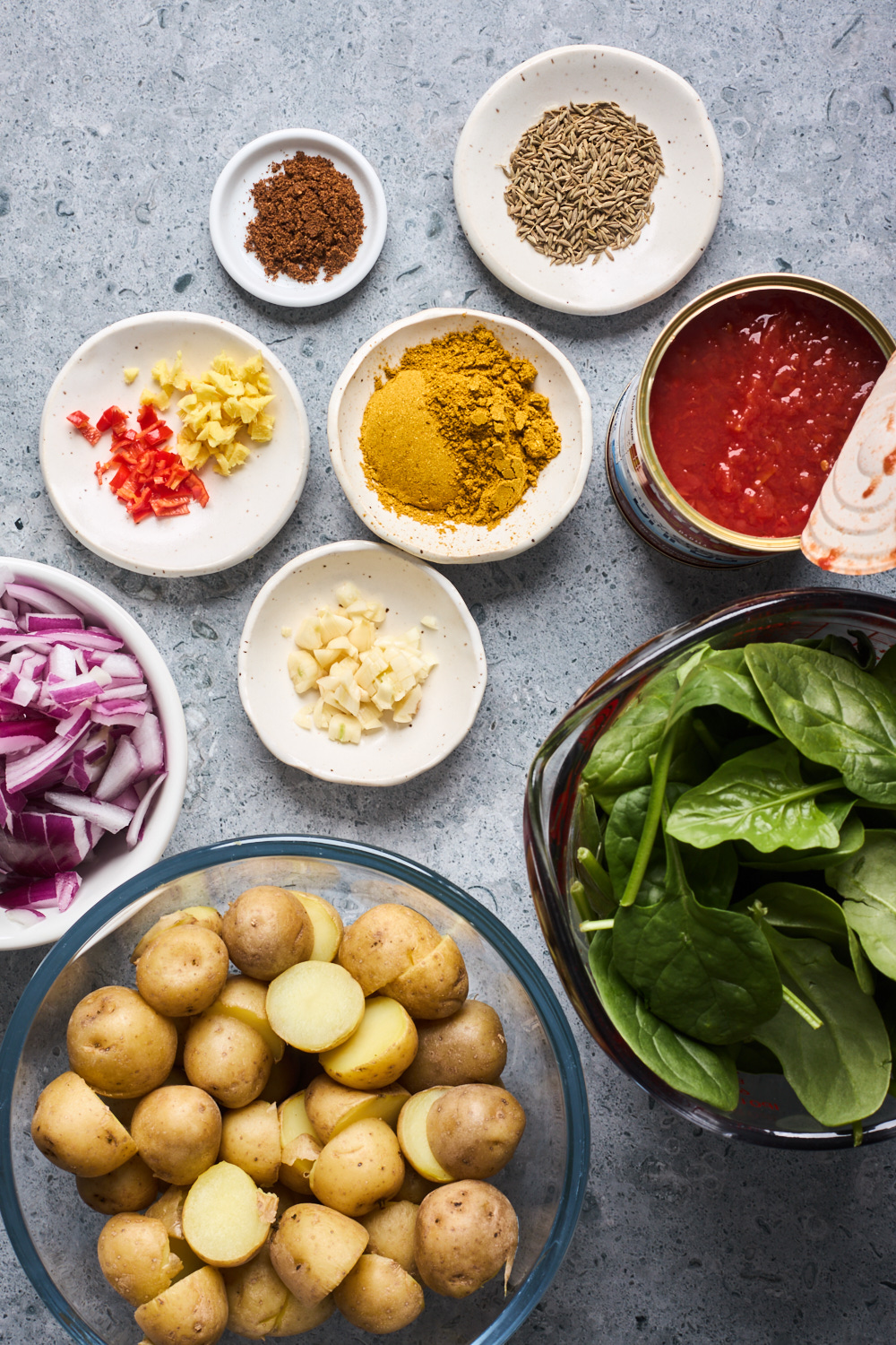 Saag Aloo ingredients on a table