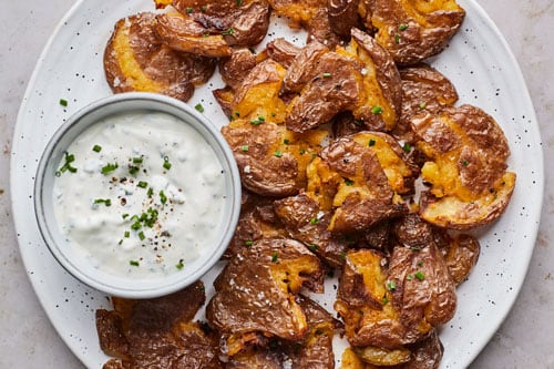 Crispy Smashed Potatoes With Sour Cream and Chive Dip