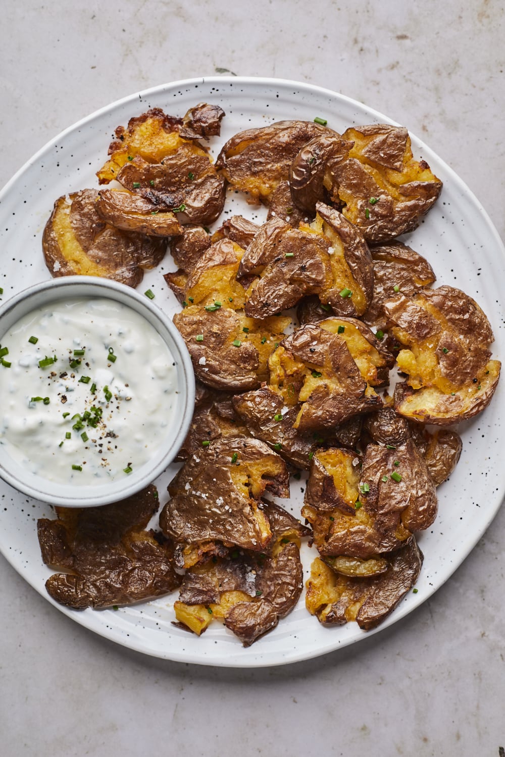 Crispy Smashed Potatoes With Sour Cream and Chive Dip