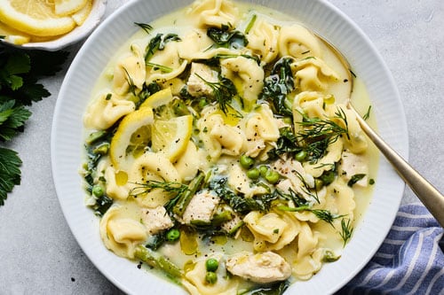 Lemony Spinach Tortellini Soup (Avgolemono)