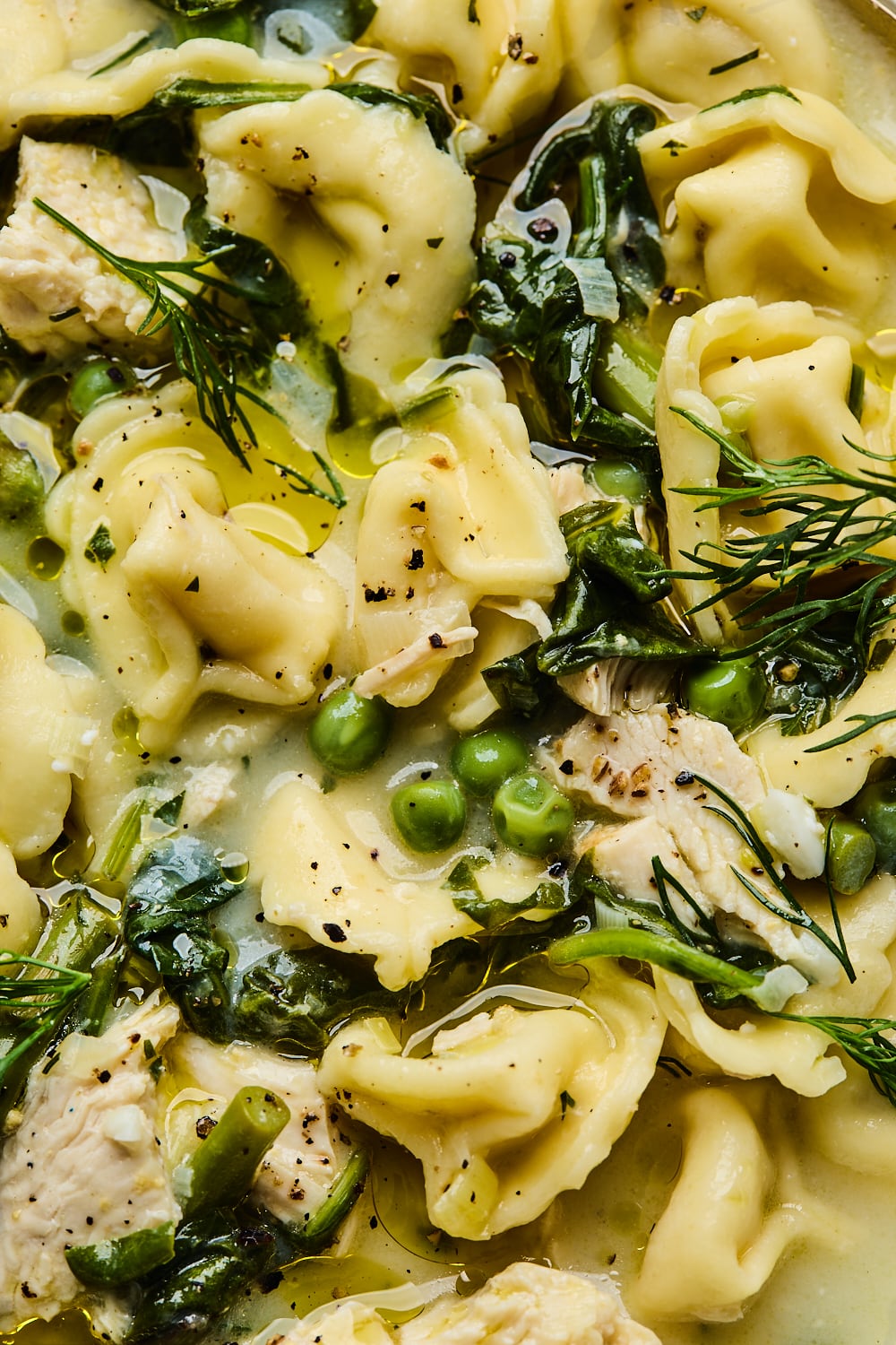 Lemony Spinach Tortellini Soup Up Close