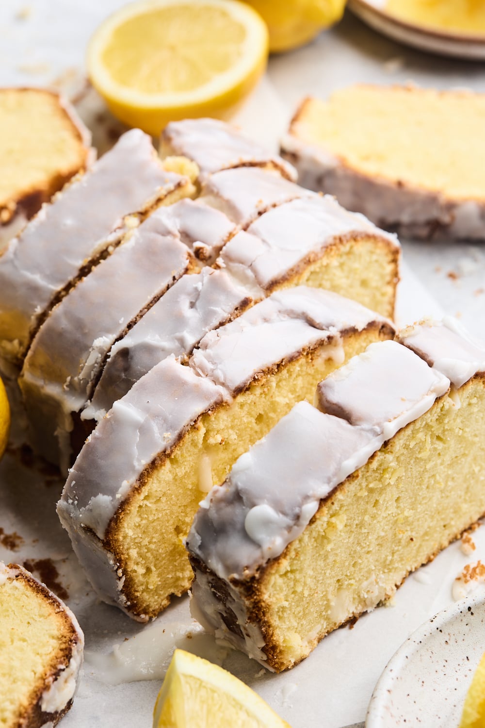 Lemon Pound Cake Loaf Sliced with a 3 quarter view