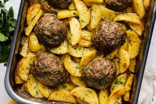 One Pan Greek Meatballs and Lemon Potatoes