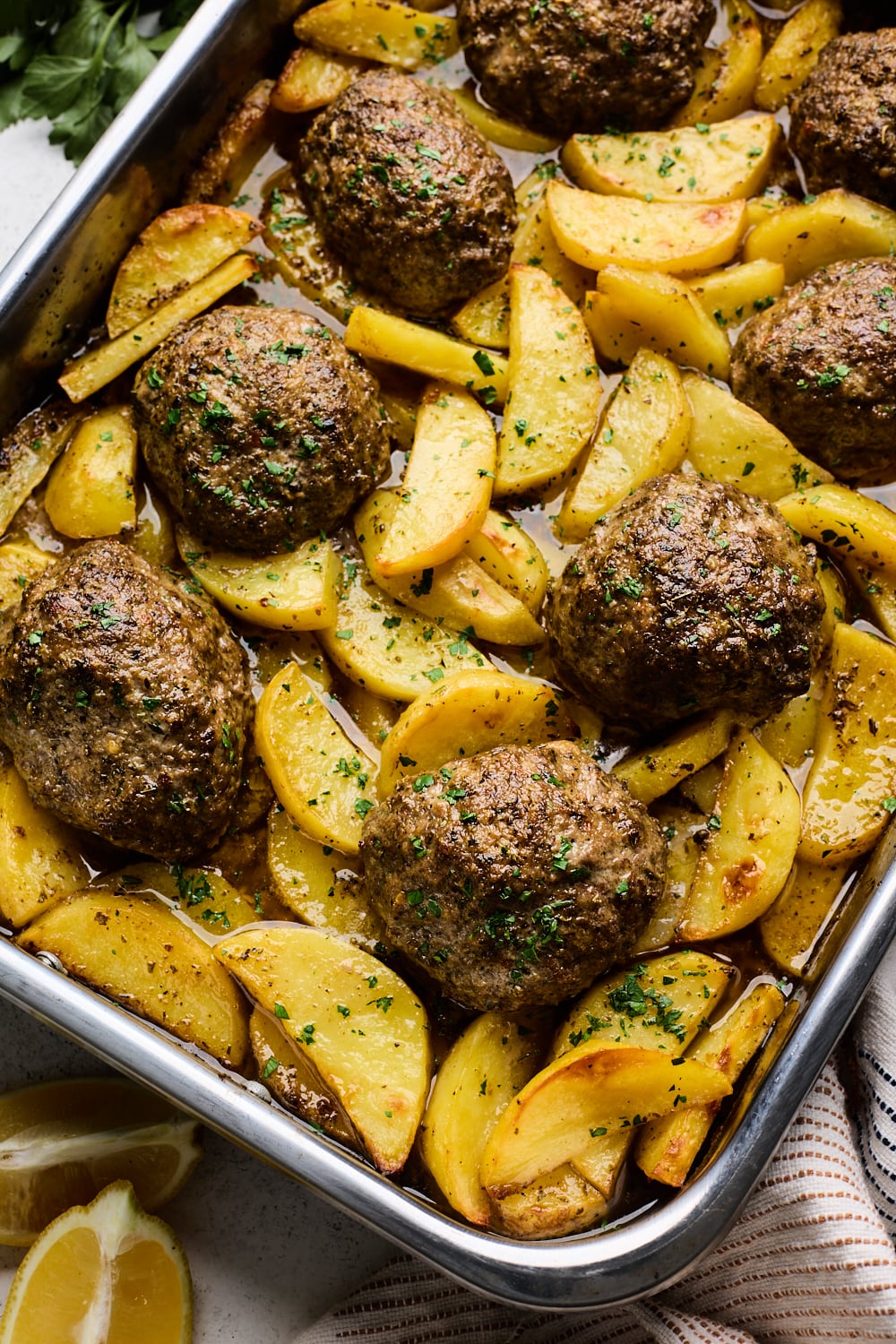 One Pan Greek Meatballs and Lemon Potatoes