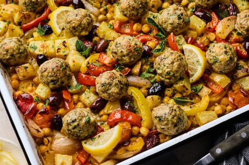 Sheet Pan Greek Chicken Meatballs With Chickpeas and Vegetables