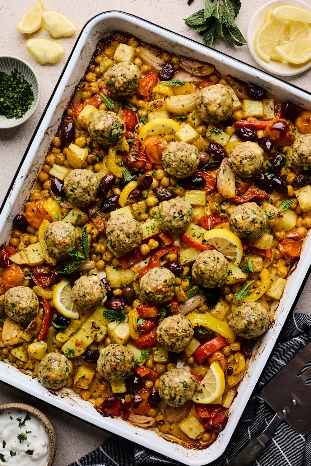 Sheet Pan Greek Chicken Meatballs With Chickpeas and Vegetables