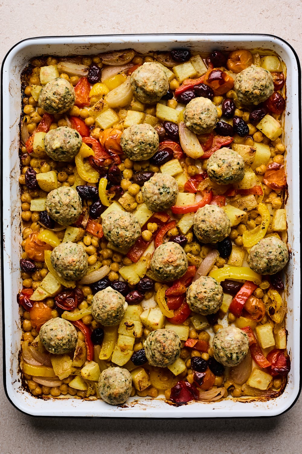 Sheet Pan Greek Chicken Meatballs With Chickpeas and Vegetables