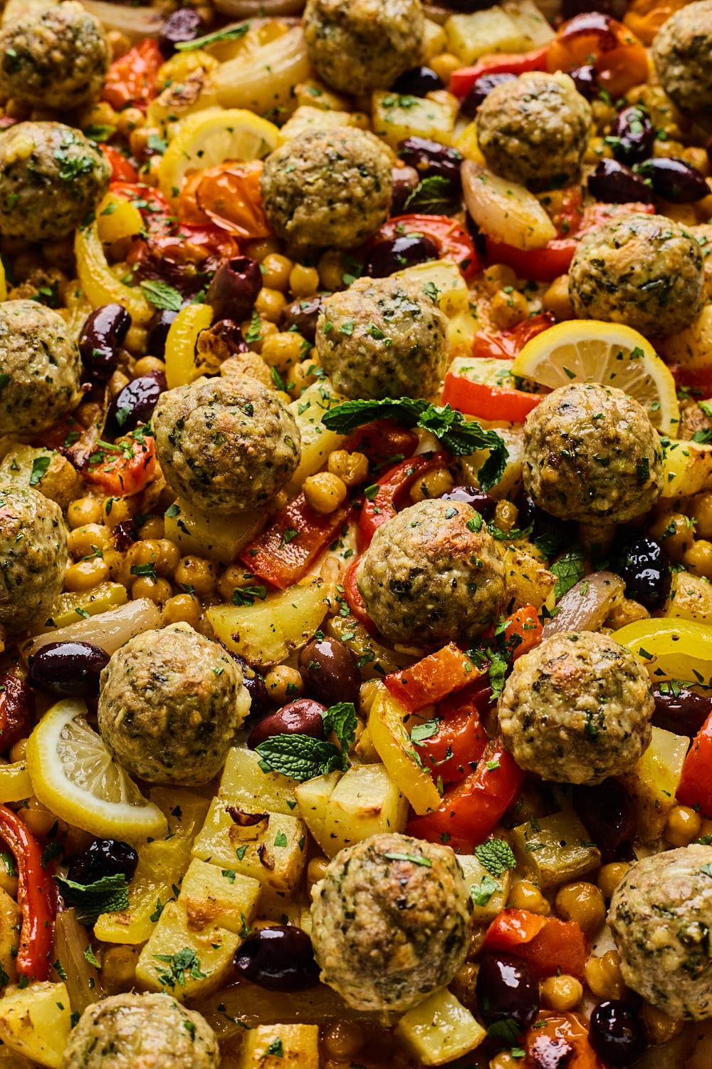 Sheet Pan Greek Chicken Meatballs With Chickpeas and Vegetables