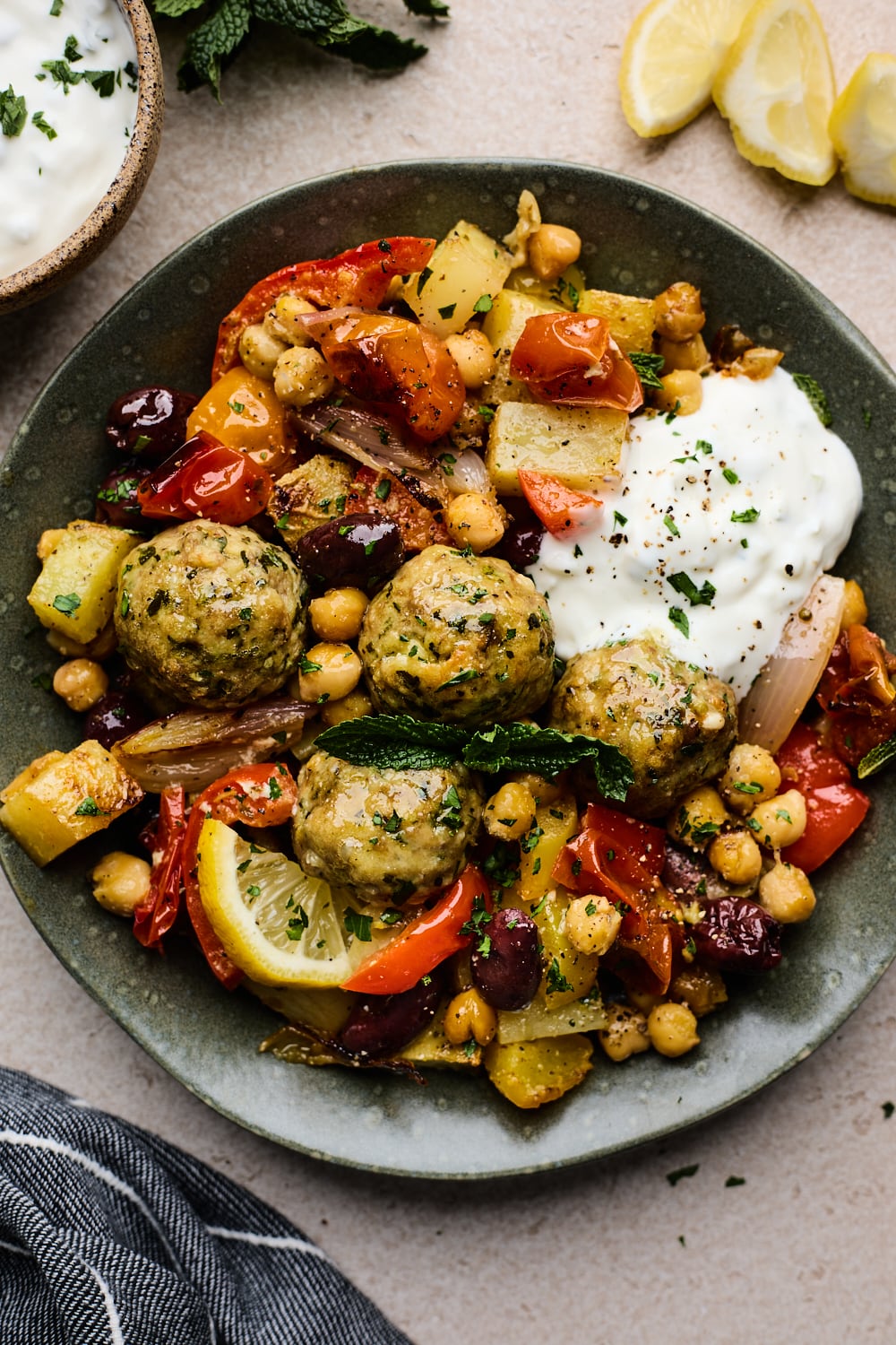 Sheet Pan Greek Chicken Meatballs With Chickpeas and Vegetables