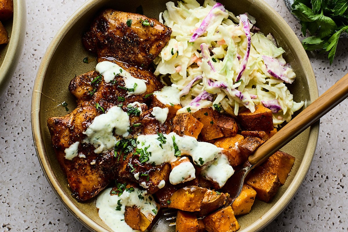 Sheetpan Hot Honey Sweet Potato Bowls