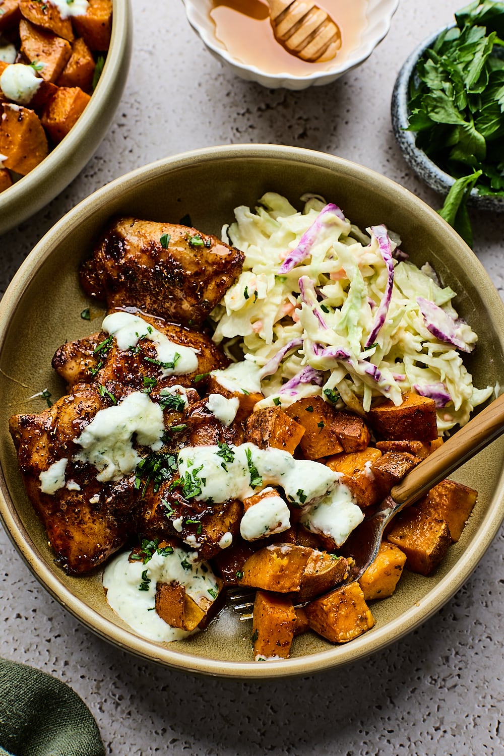 Sheetpan Hot Honey Sweet Potato Bowls