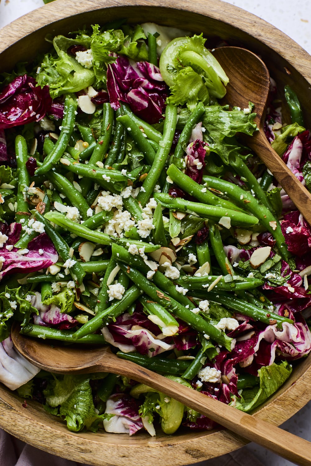 Green Bean Salad in a wooden bowl