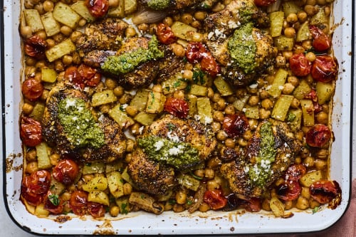 Sheet Pan Chicken Tomatoes Chickpeas and Pesto