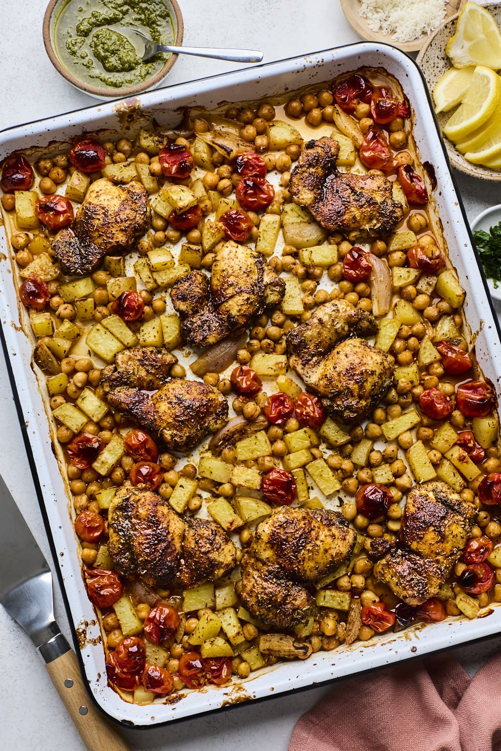 Sheet Pan Chicken Tomatoes Chickpeas and Pesto